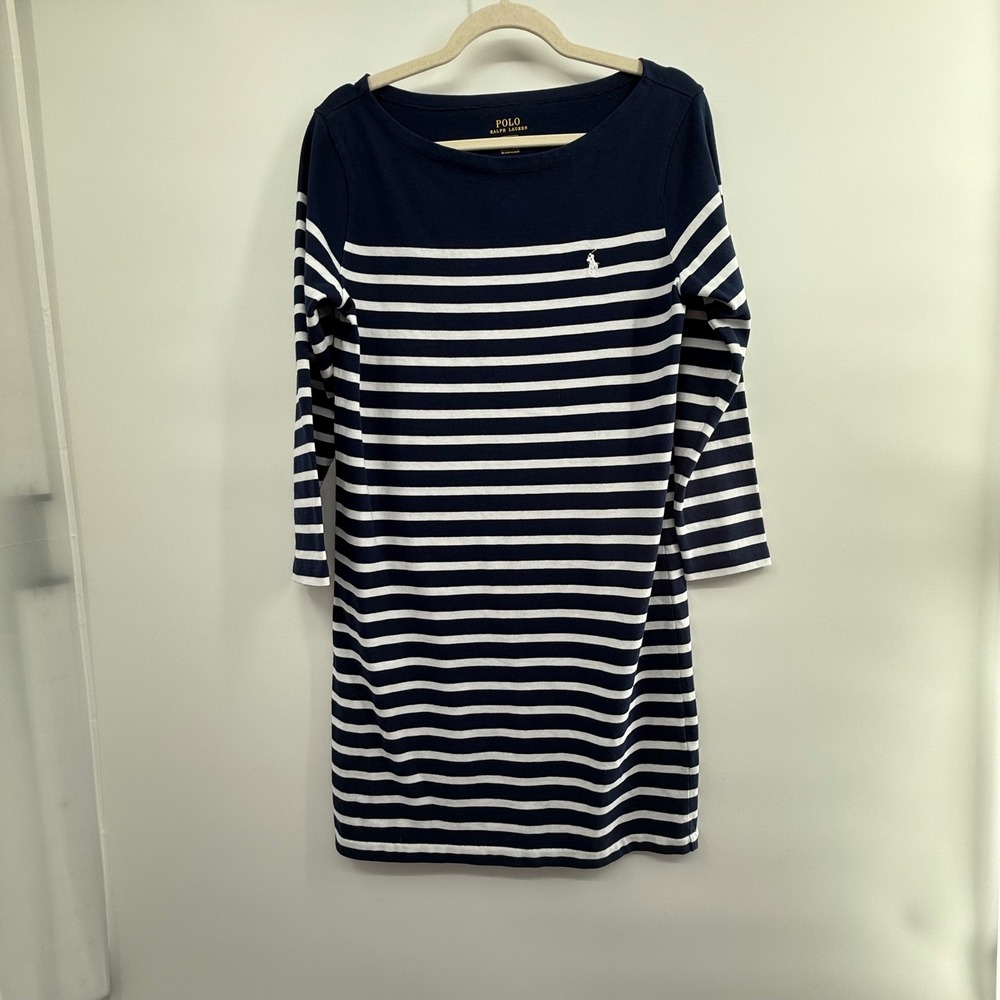 Polo Ralph Lauren Navy White Breton‎ Stripe Long Sleeve Knit Dress Top Medium